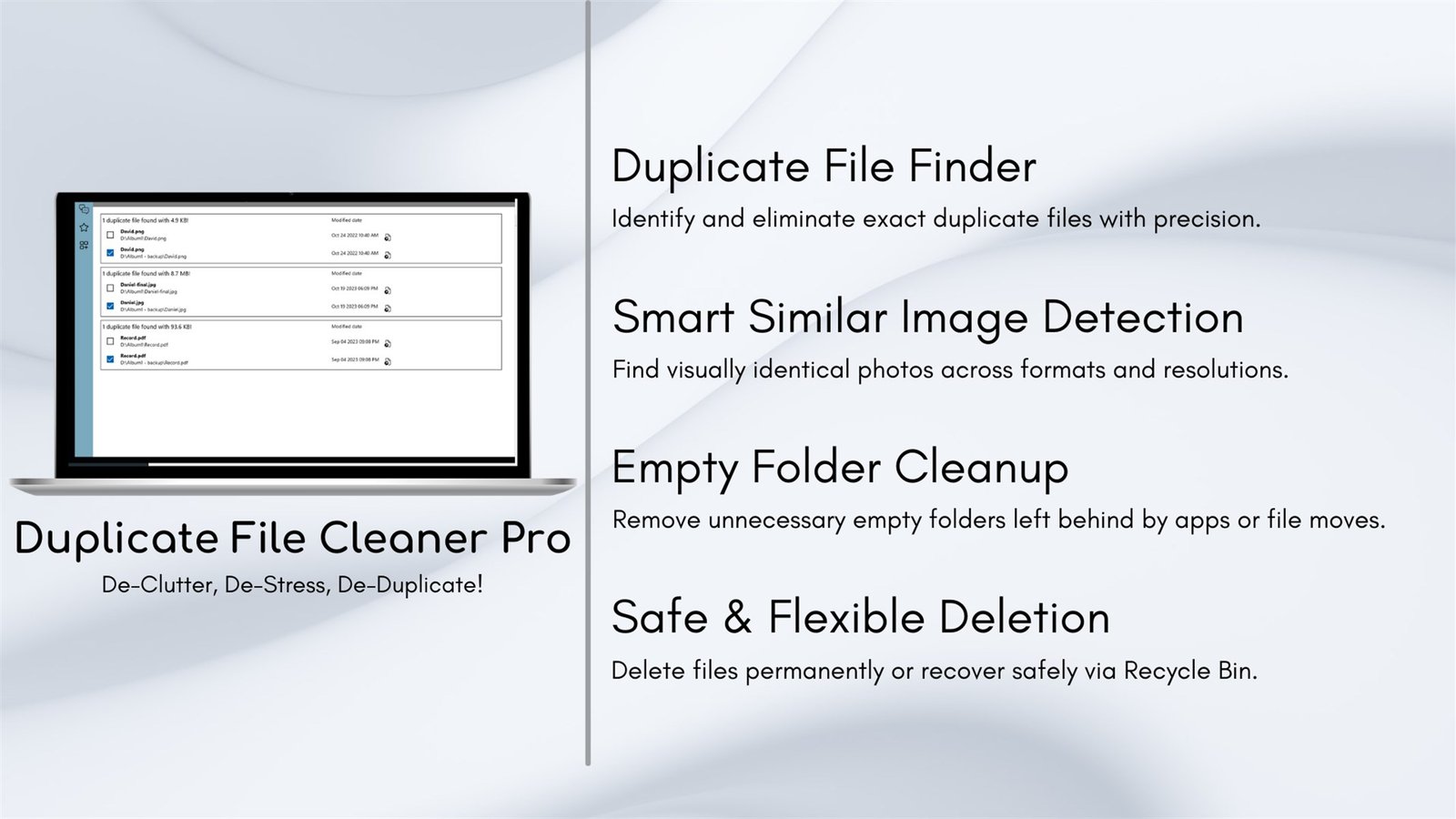 Duplicate File Cleaner Pro showing matched photo groups with file sizes and modified dates