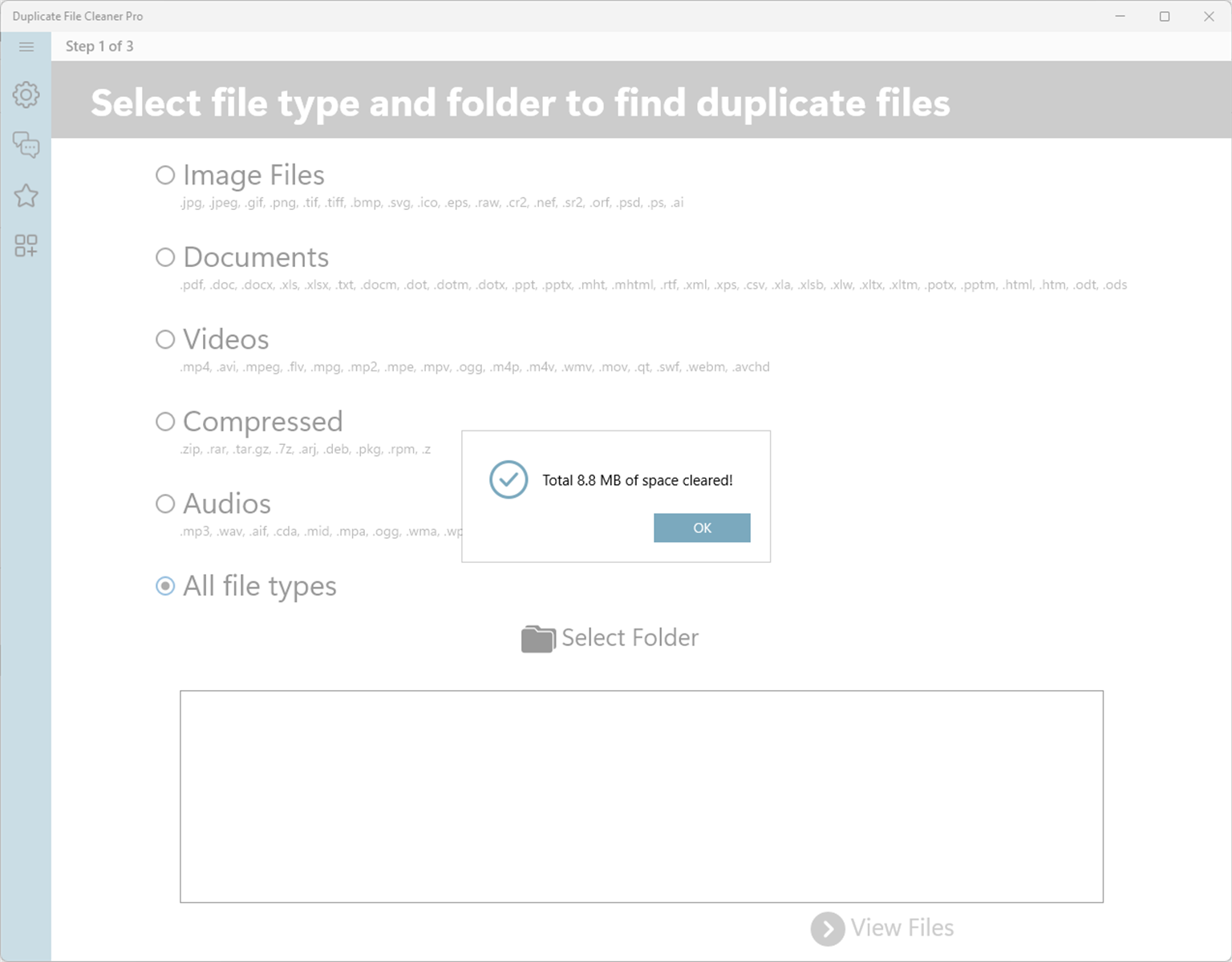 Duplicate File Cleaner Pro message confirming 8.8 MB of space cleared