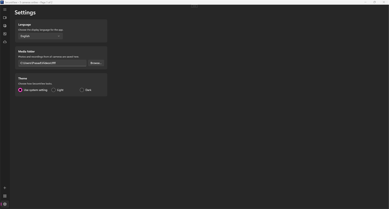 SecureView settings for language, media folder and light or dark theme