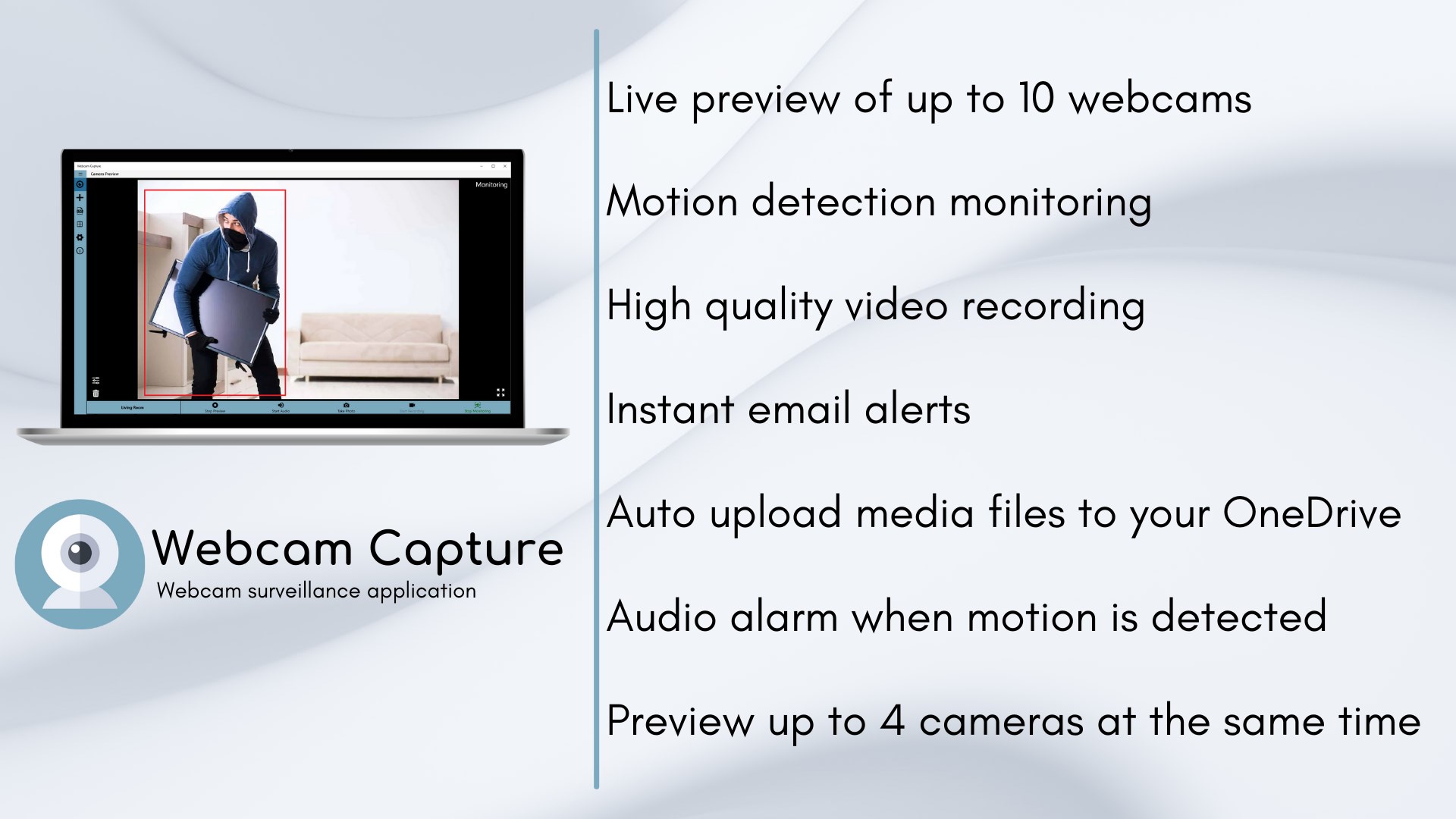 Webcam Capture surveillance software interface showing camera monitoring features