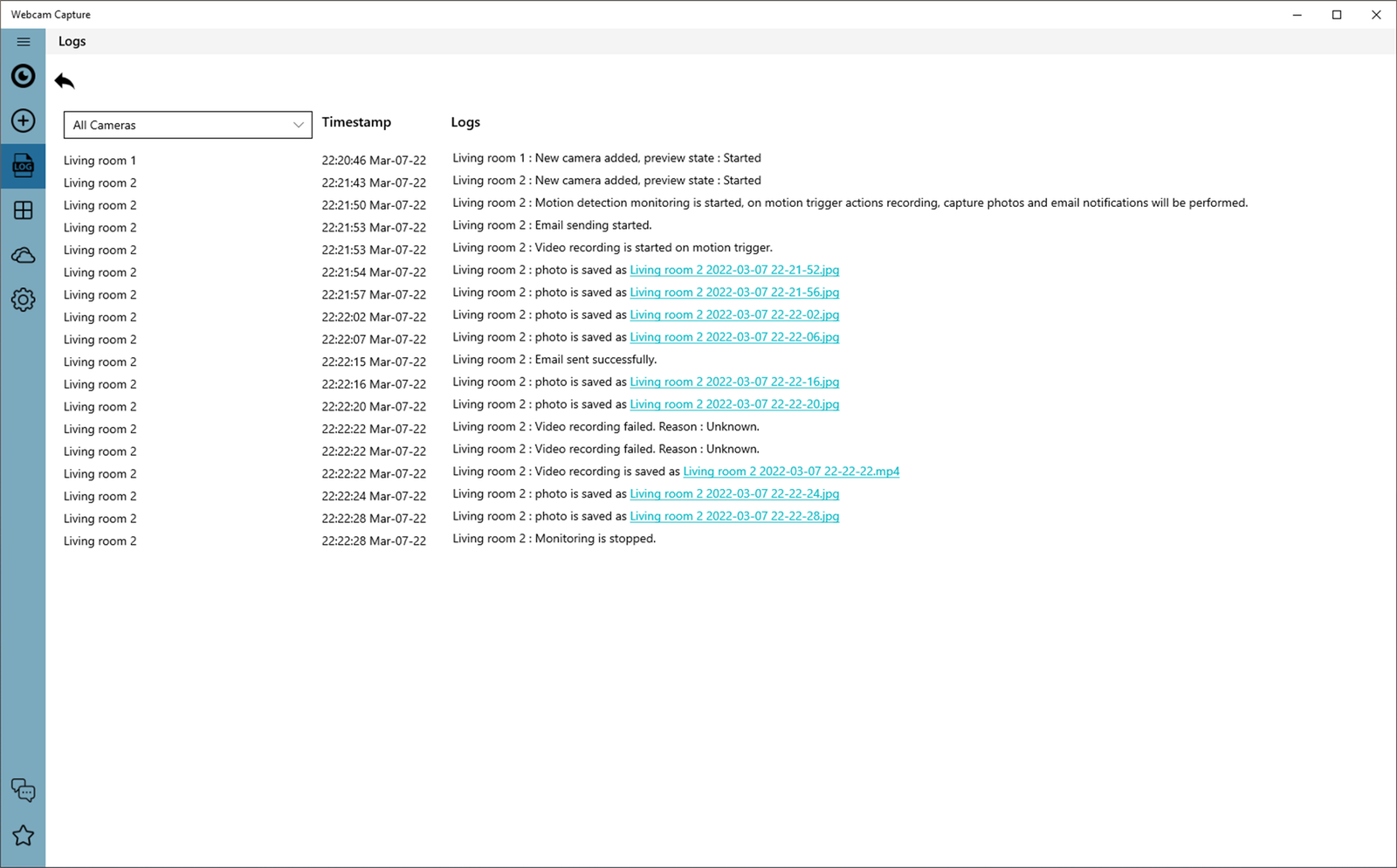 Webcam Capture activity log listing recordings, saved photos and sent email alerts