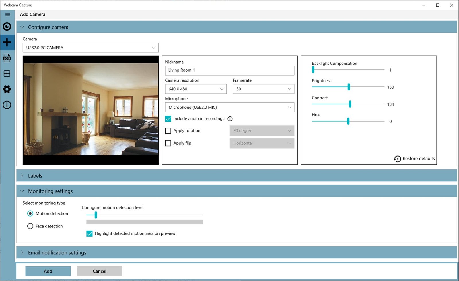 Webcam Capture Add Camera screen with resolution, frame rate and motion detection level settings