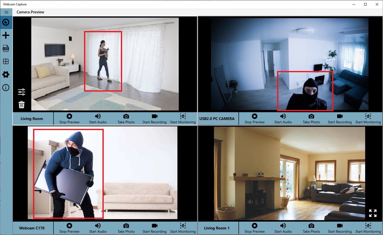 Webcam Capture monitoring four webcams with motion highlighted